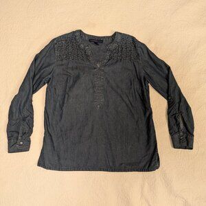 Chambray Detailed Beaded Pintucked Yoke Tunic Women Size Large Sz L